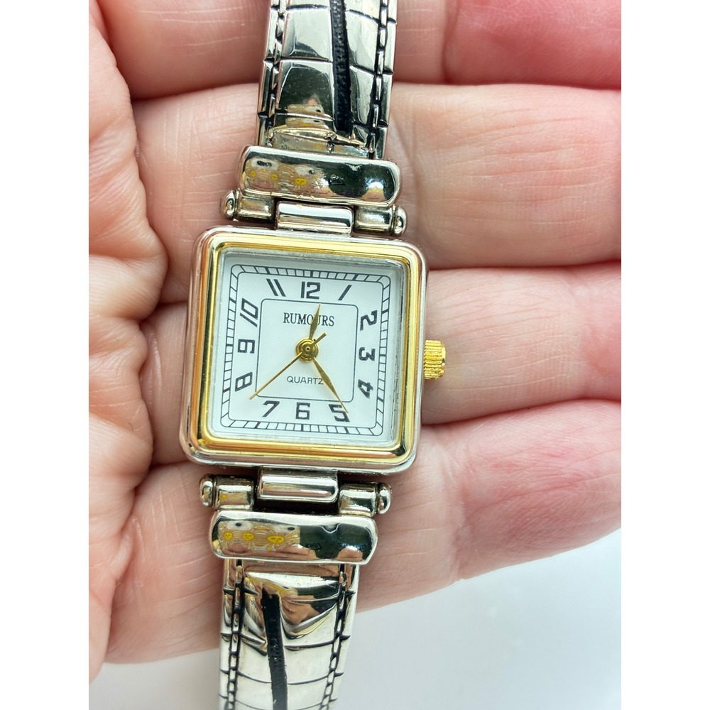 Rumours Quartz Watch Womens Two Tone Square White Dial Silver Link Band 44450